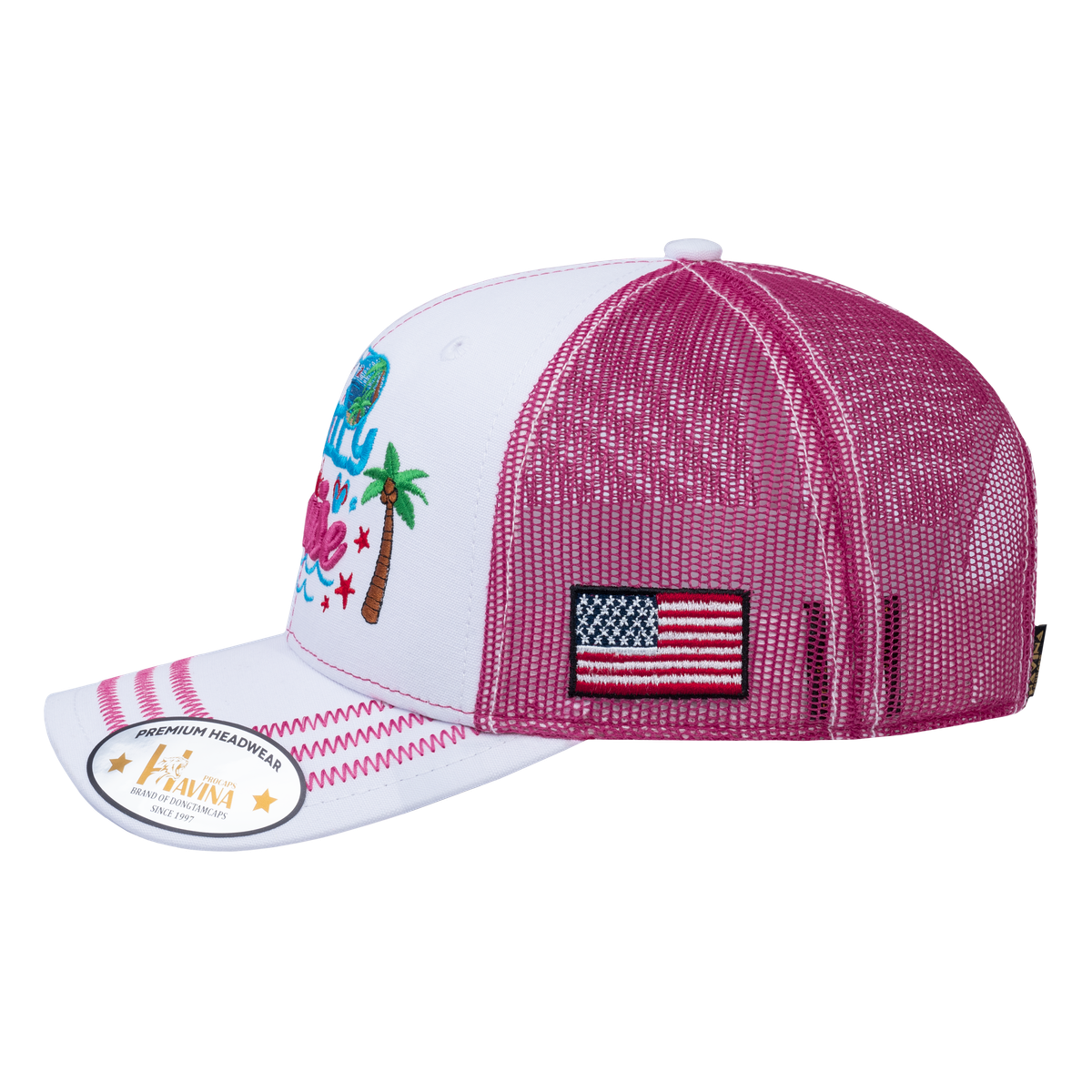 Unisex Embroidered Family Cruise, Traveling, 6-Panel Trucker Hat, White/Pink, Zig Zag, Adjustable Fit