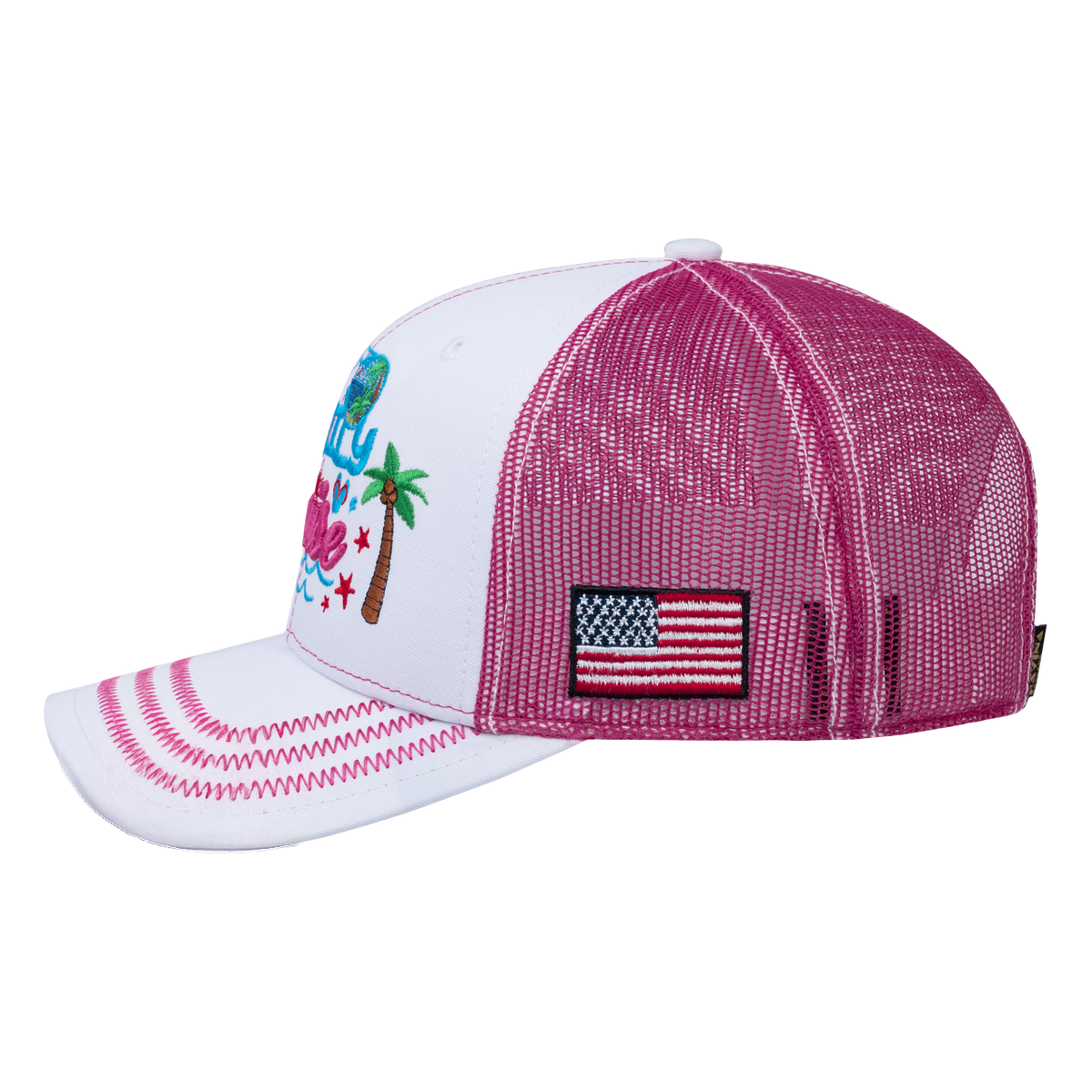 Unisex Embroidered Family Cruise, Traveling, 6-Panel Trucker Hat, White/Pink, Zig Zag, Adjustable Fit