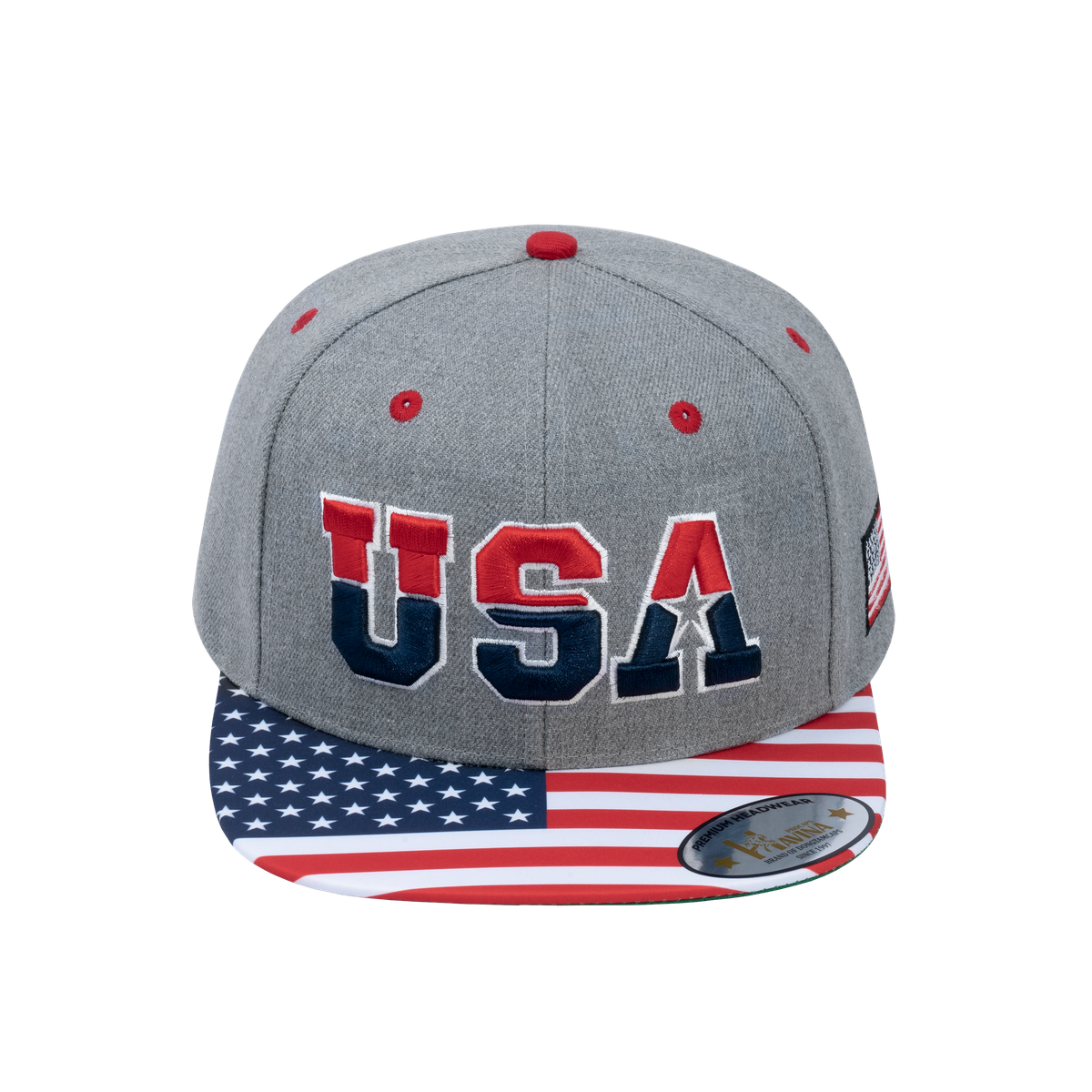 Unisex Embroidered Classic US American Flag, 6-Panel Snap Baseball Cap, Light Grey, Adjustable Fit