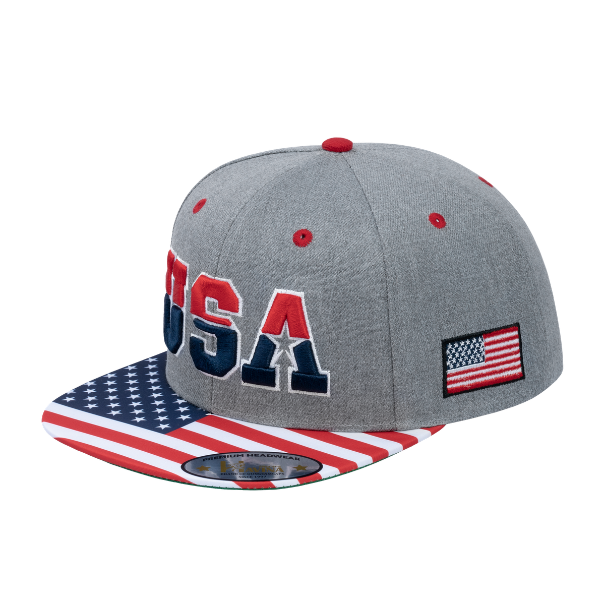Unisex Embroidered Classic US American Flag, 6-Panel Snap Baseball Cap, Light Grey, Adjustable Fit