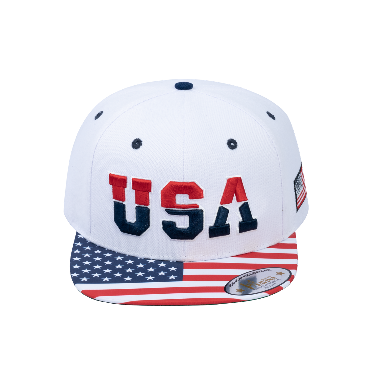 Unisex Embroidered Classic US American Flag, 6-Panel Snap Baseball Cap, White, Adjustable Fit