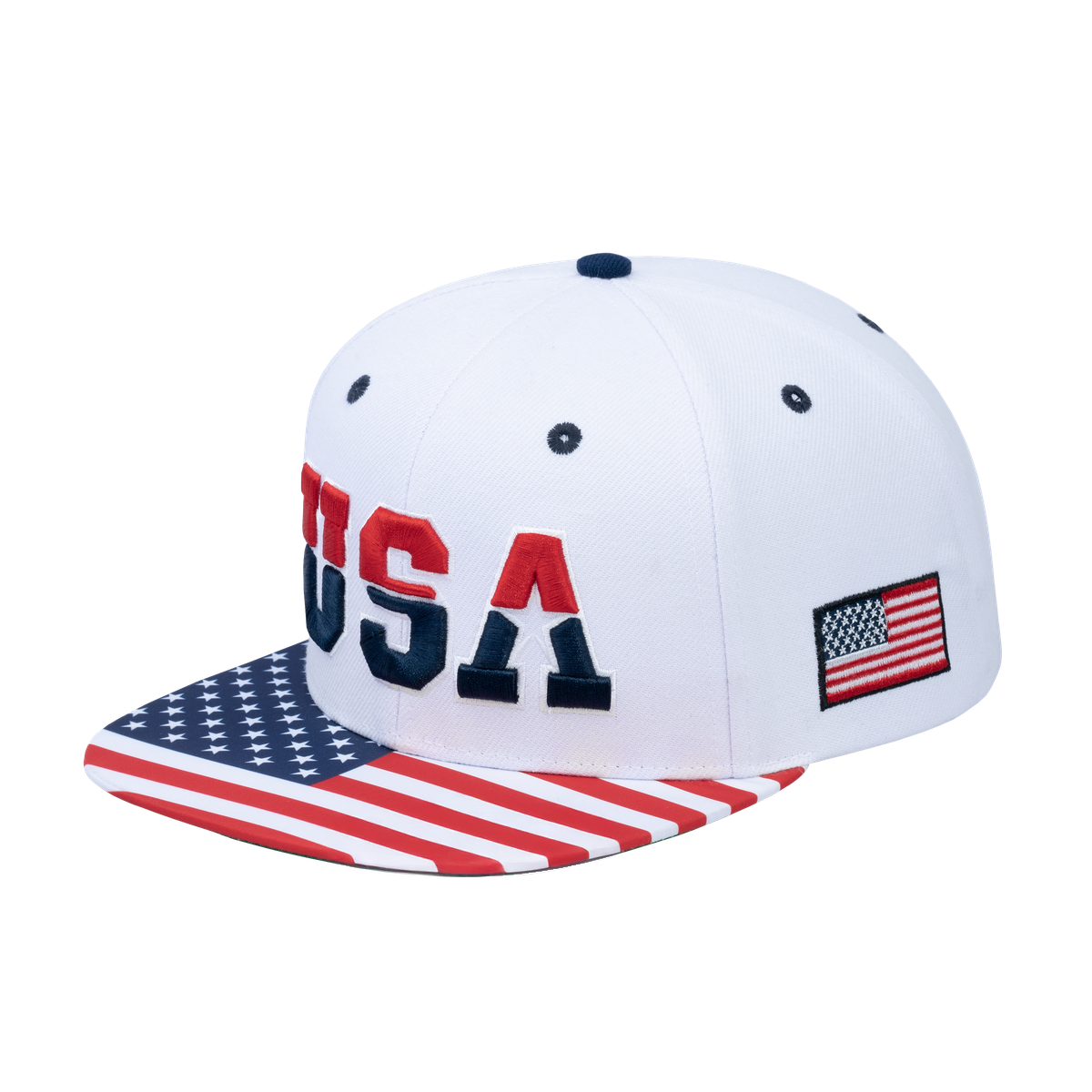 Unisex Embroidered Classic US American Flag, 6-Panel Snap Baseball Cap, White, Adjustable Fit