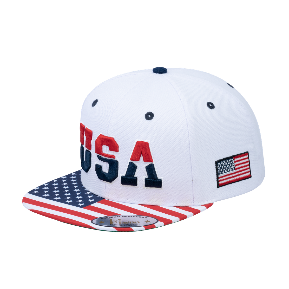 Unisex Embroidered Classic US American Flag, 6-Panel Snap Baseball Cap, White, Adjustable Fit