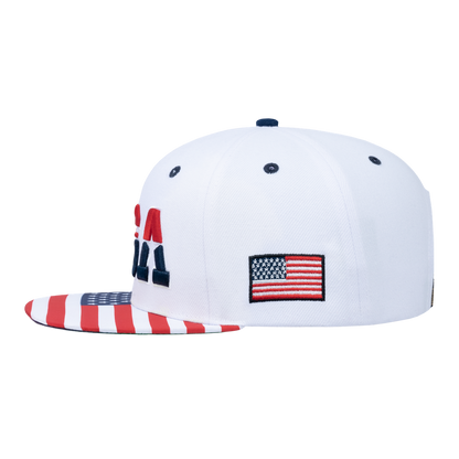 Classic US American Flag 6-Panel Snapback Flat Bill Baseball Cap with White front and White back