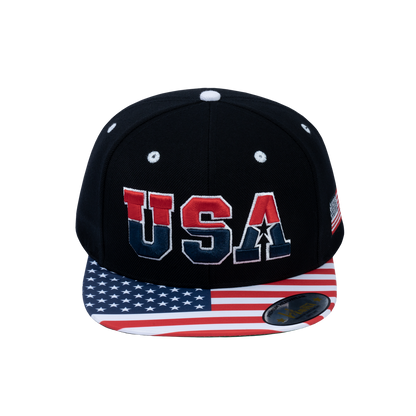 Classic US American Flag 6-Panel Snapback Flat Bill Baseball Cap with Black front and Black back