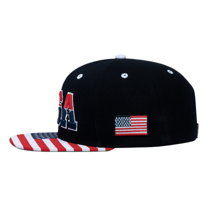 Classic US American Flag 6-Panel Snapback Flat Bill Baseball Cap with Black front and Black back