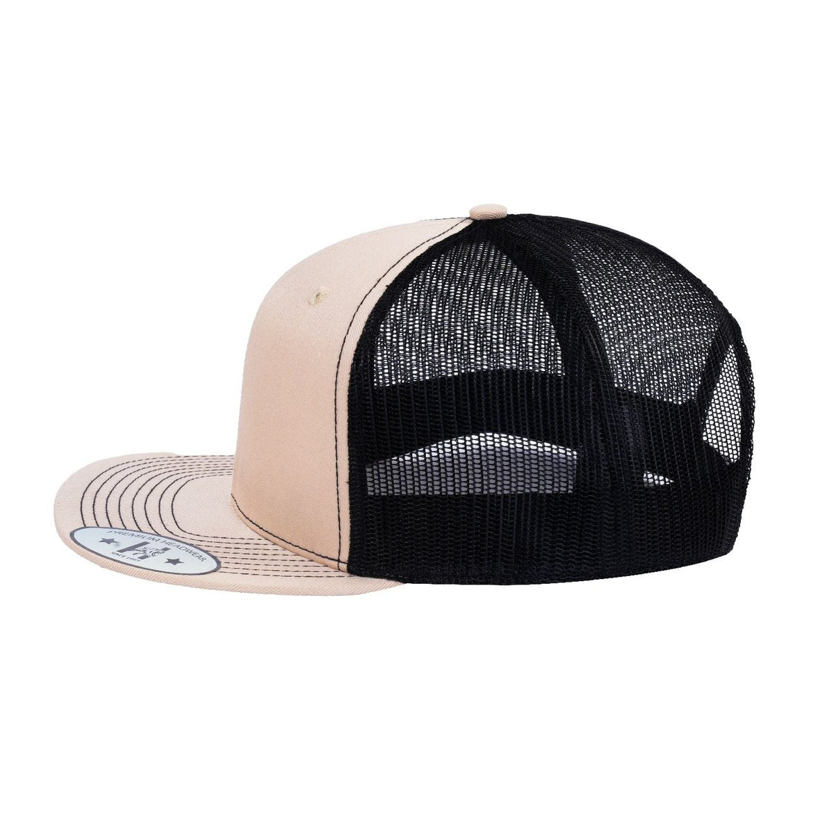 Blank - 6 Panel Snapback Flat Bill Trucker Hat - Beige