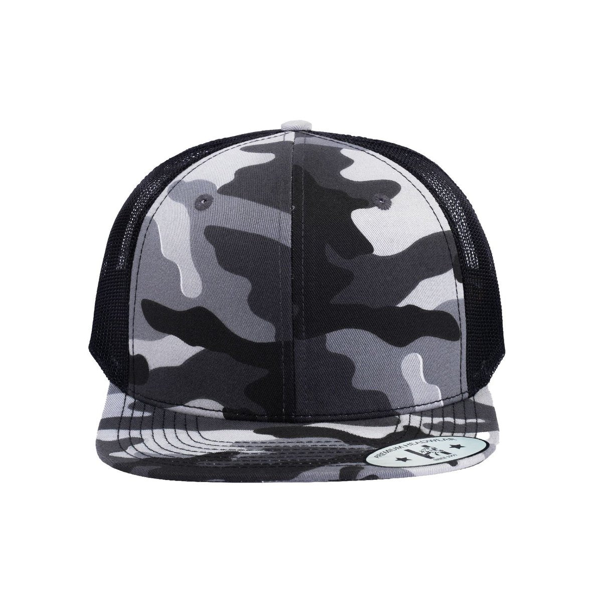 Blank - 6 Panel Snapback Flat Bill Trucker Hat - Black Camo
