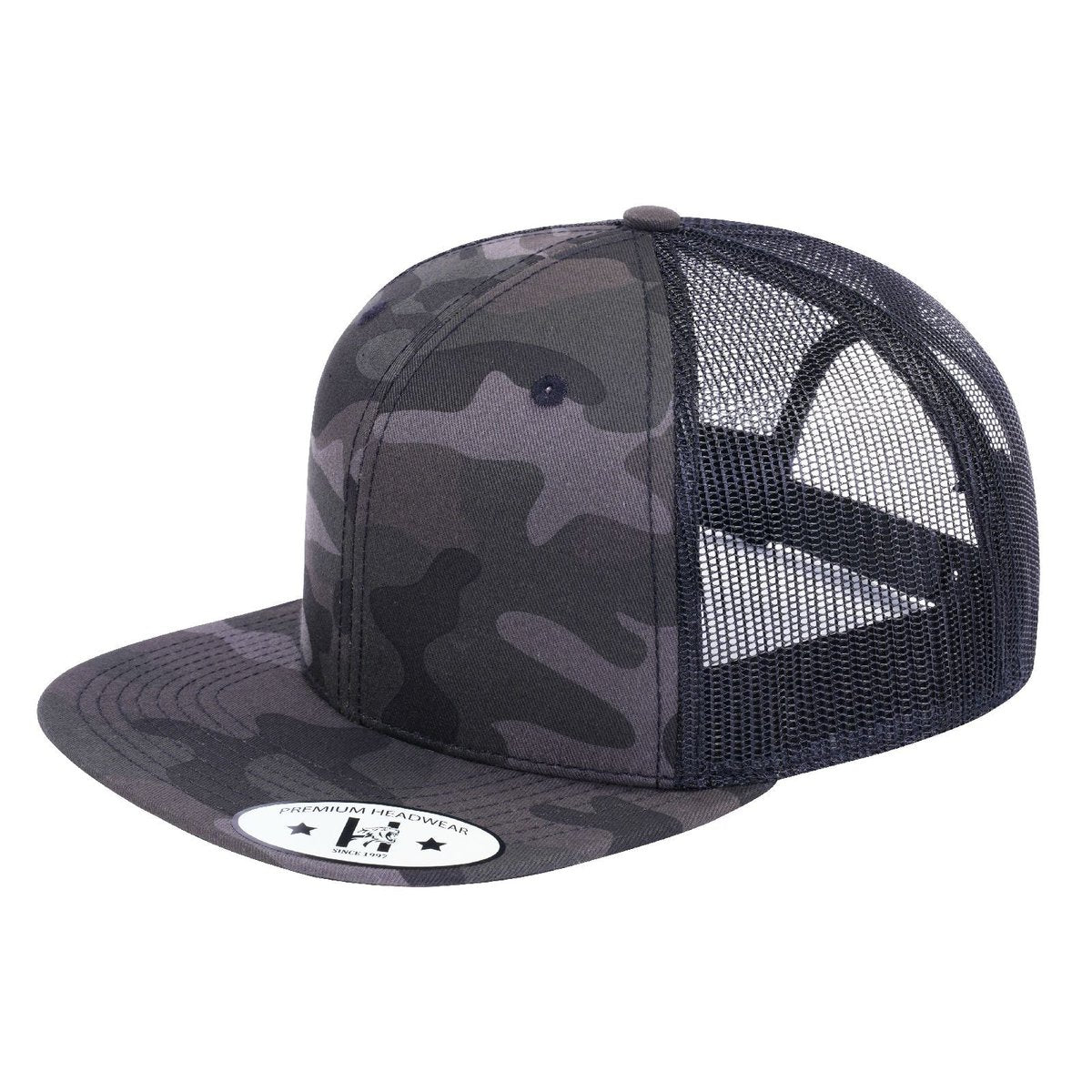 Blank - 6 Panel Snapback Flat Bill Trucker Hat - Grey Camo