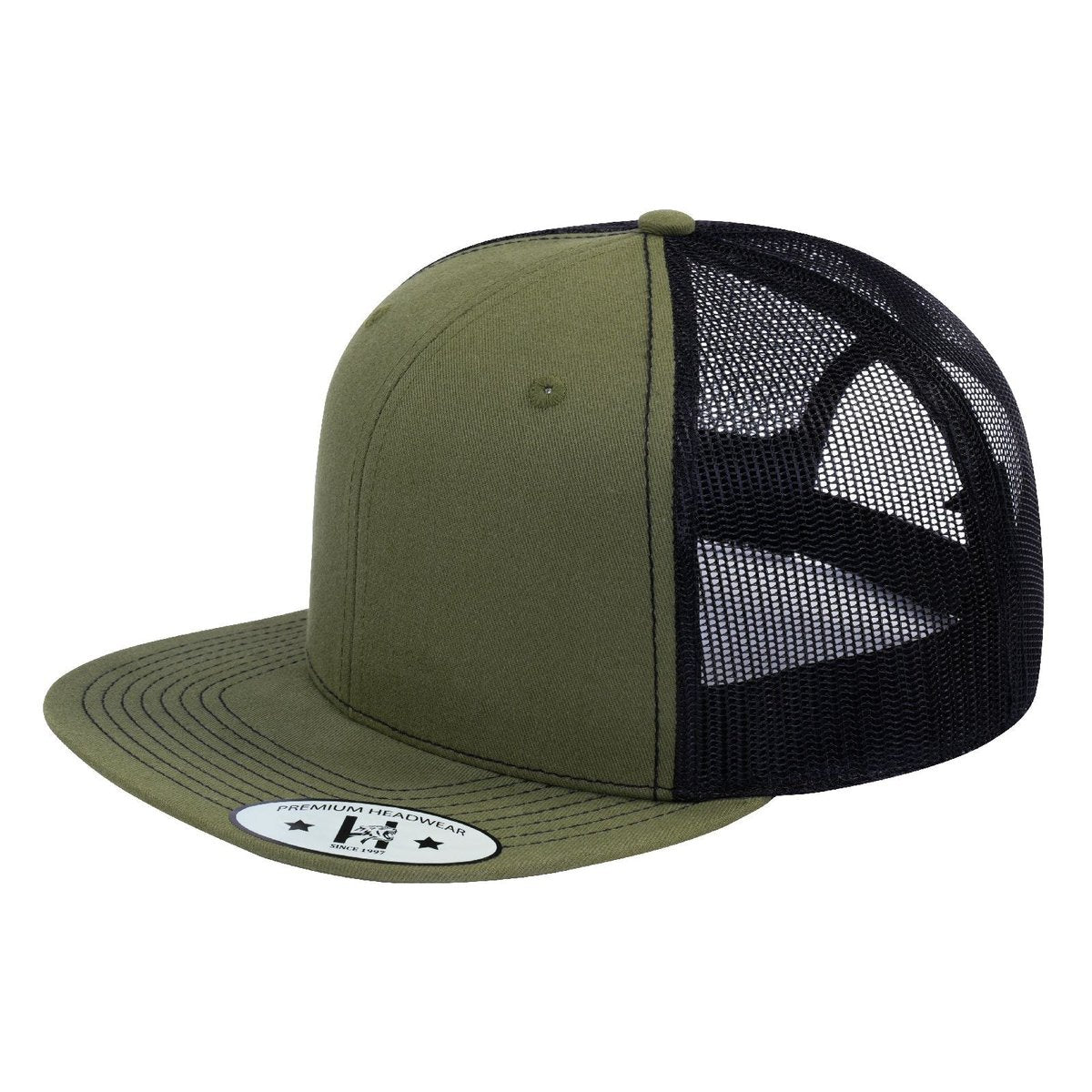 Blank - 6 Panel Snapback Flat Bill Trucker Hat - Olive