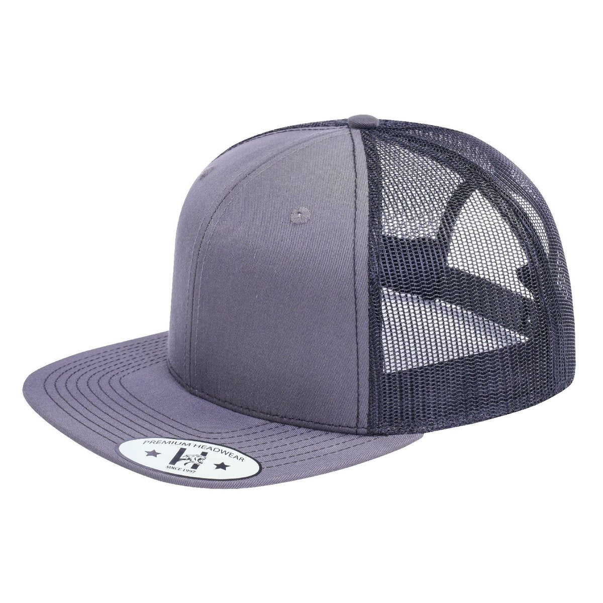 Blank - 6 Panel Snapback Flat Bill Trucker Hat - Dark Grey
