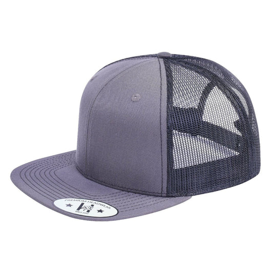 Blank 6-Panel Snapback Flat Bill Trucker Hat with Dark Grey front and Black back