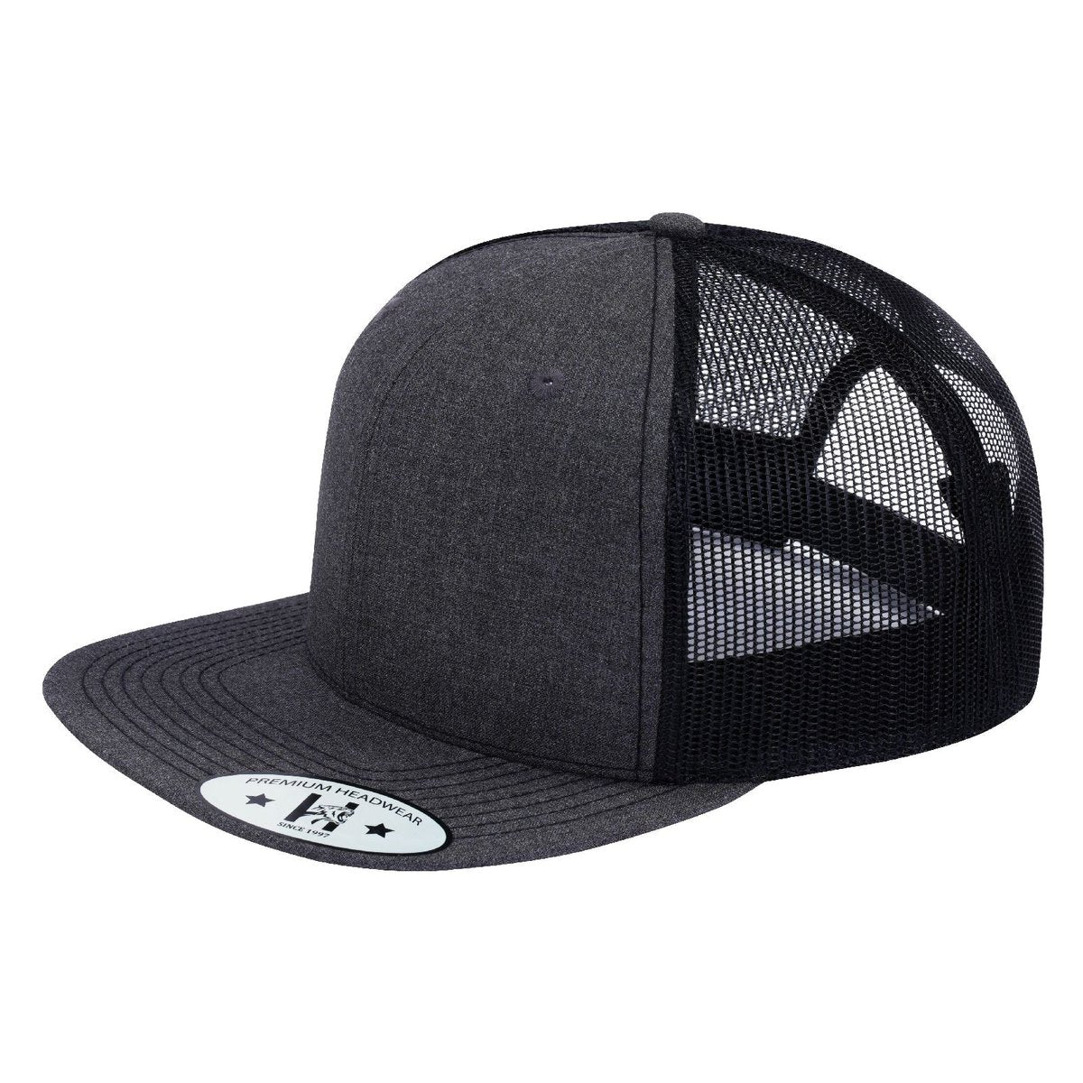 Blank - 6 Panel Snapback Flat Bill Trucker Hat - Dark Grey Heather