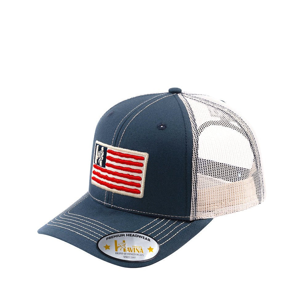 Unisex Embroidered The Us Flag, 6-Panel Trucker Hat, Navy/Beige, Classic, Adjustable Fit