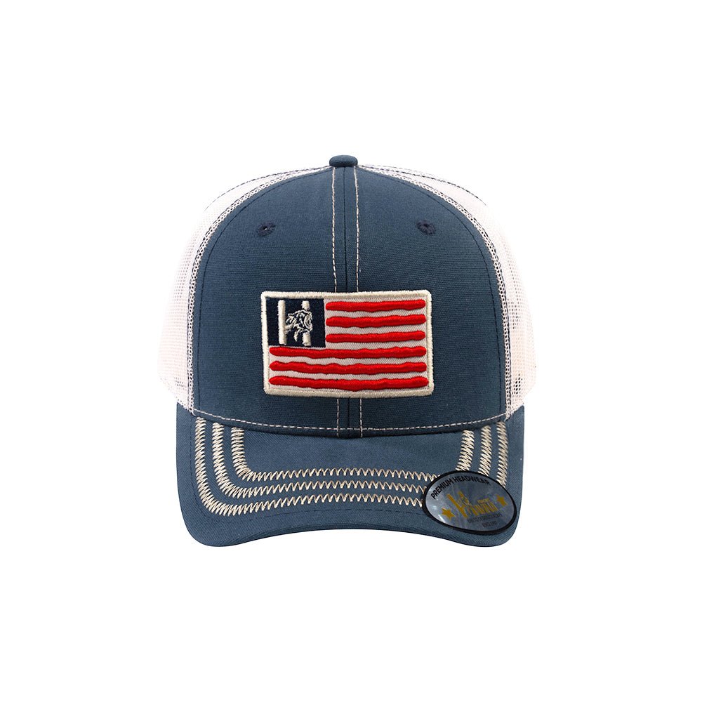 Unisex Embroidered The Us Flag, 6-Panel Trucker Hat, Navy/Beige, Zig Zag, Adjustable Fit