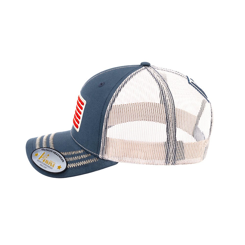 Unisex Embroidered The Us Flag, 6-Panel Trucker Hat, Navy/Beige, Zig Zag, Adjustable Fit