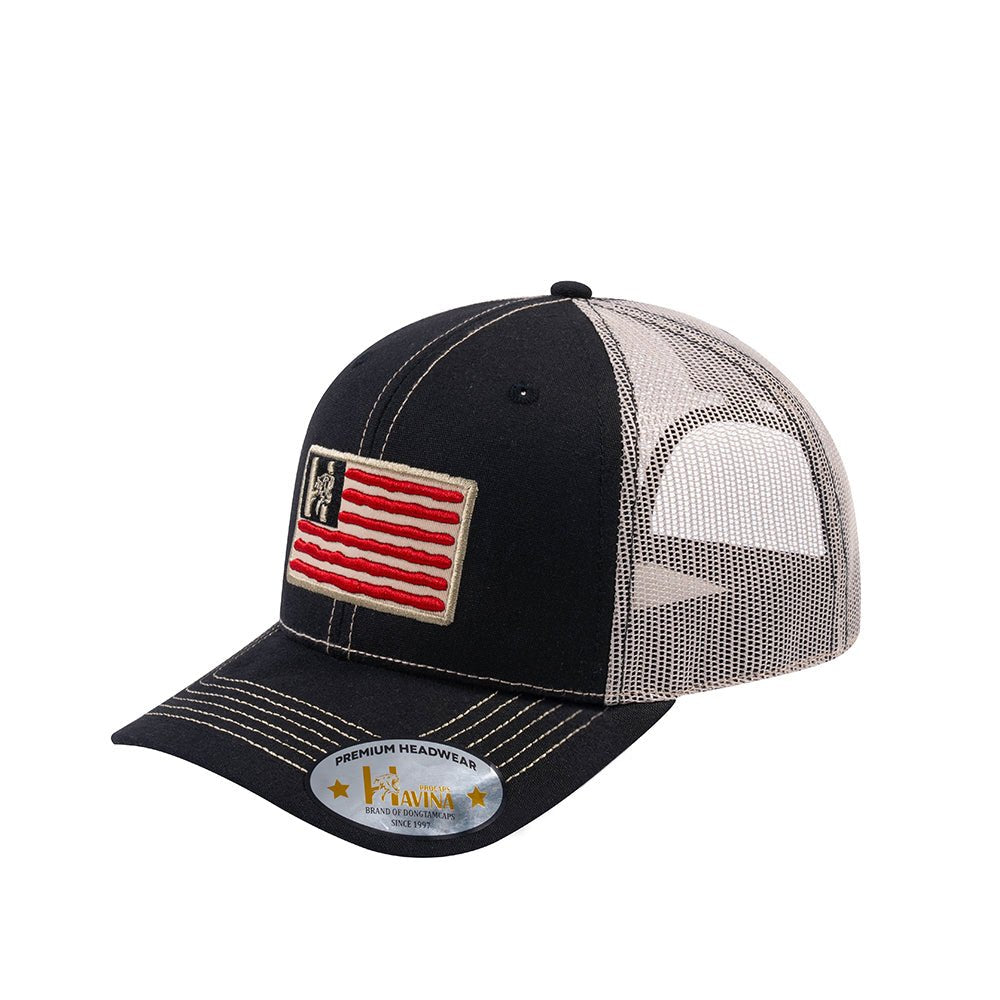 Unisex Embroidered The Us Flag, 6-Panel Trucker Hat, Black/Beige, Classic, Adjustable Fit
