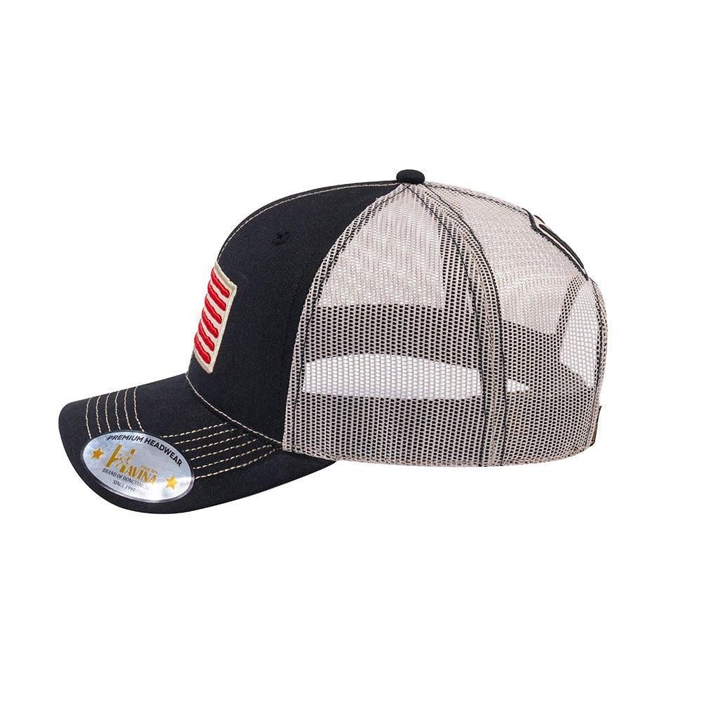 Unisex Embroidered The Us Flag, 6-Panel Trucker Hat, Black/Beige, Classic, Adjustable Fit