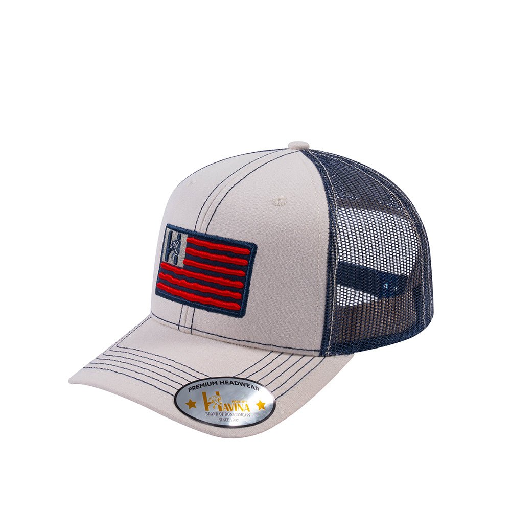 Unisex Embroidered The Us Flag, 6-Panel Trucker Hat, Beige/Navy, Classic, Adjustable Fit