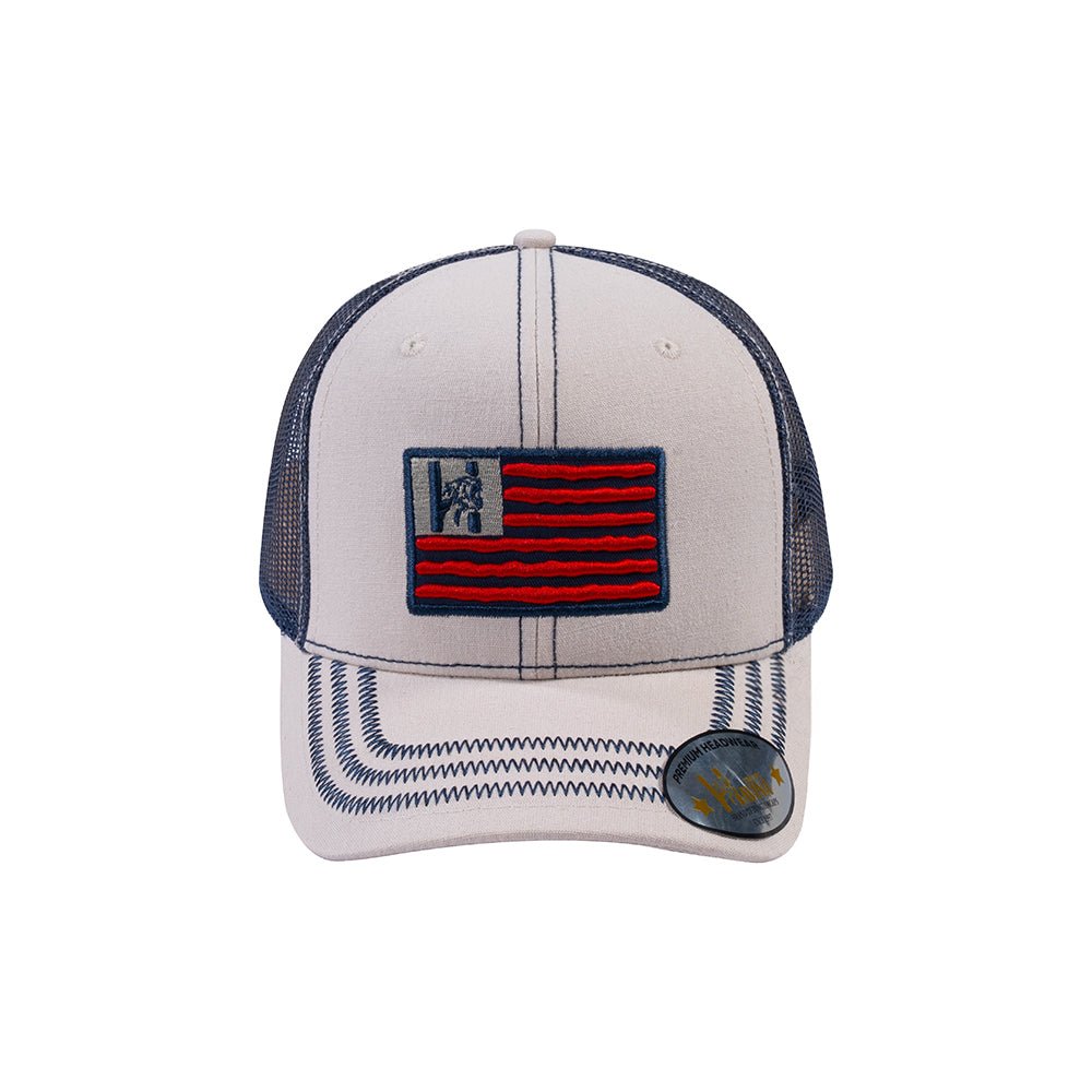 Unisex Embroidered The Us Flag, 6-Panel Trucker Hat, Beige/Navy, Zig Zag, Adjustable Fit
