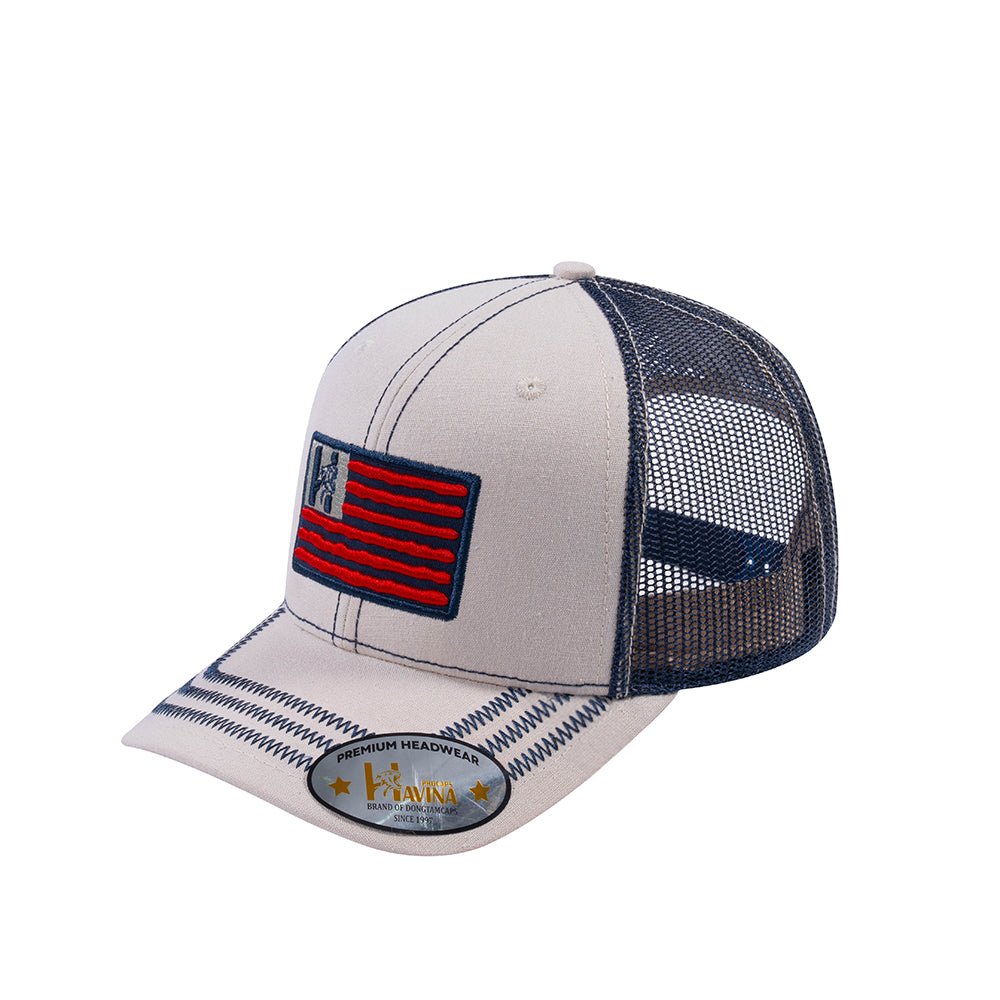 Unisex Embroidered The Us Flag, 6-Panel Trucker Hat, Beige/Navy, Zig Zag, Adjustable Fit