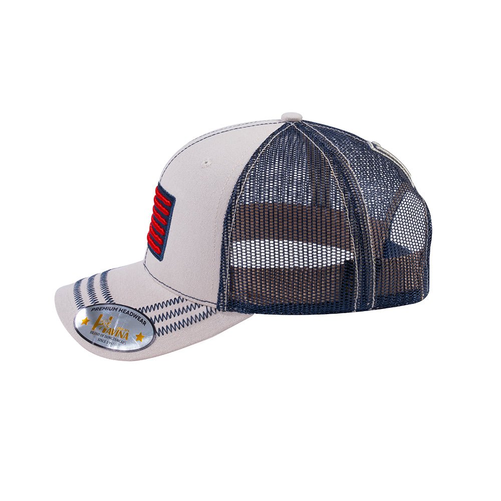 Unisex Embroidered The Us Flag, 6-Panel Trucker Hat, Beige/Navy, Zig Zag, Adjustable Fit