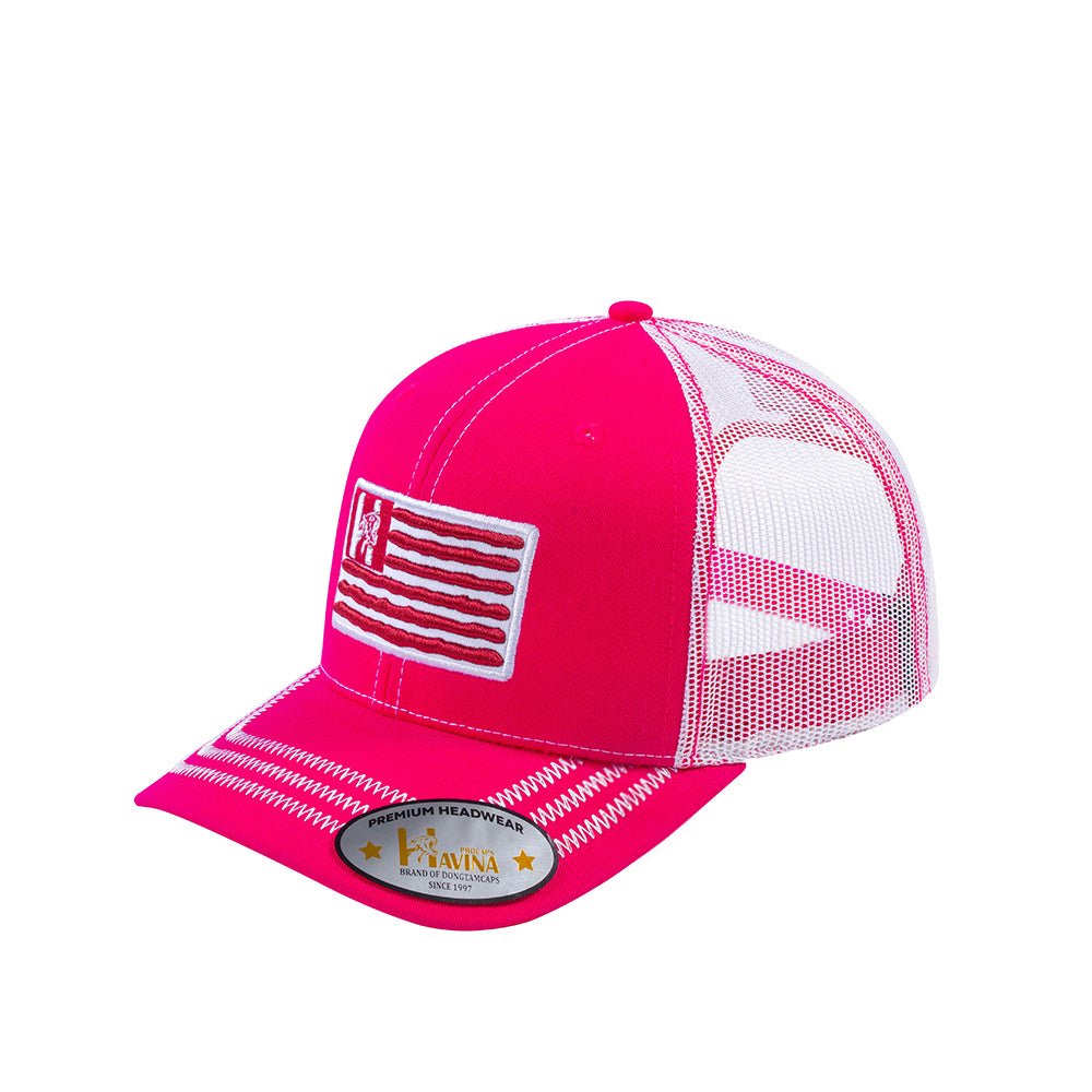 Unisex Embroidered The Us Flag, 6-Panel Trucker Hat, Pink/White, Zig Zag, Adjustable Fit