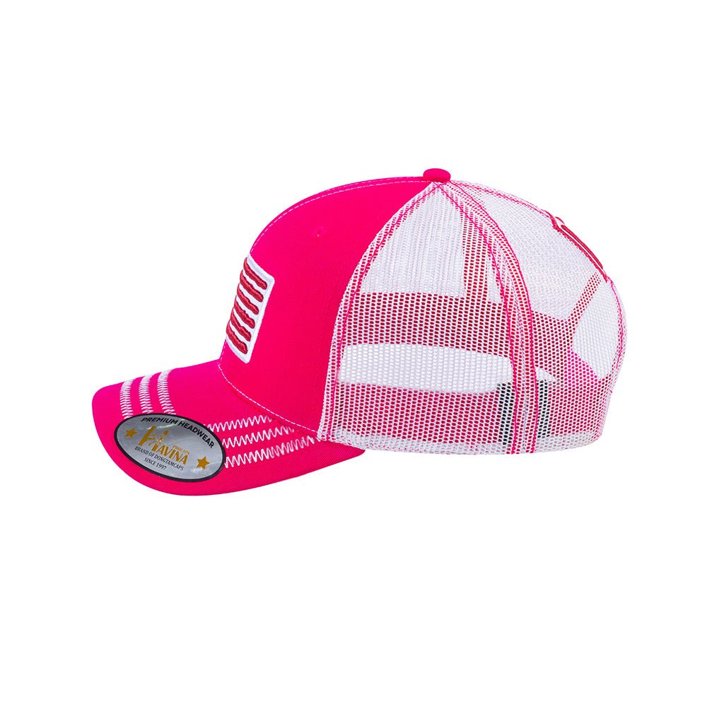 Unisex Embroidered The Us Flag, 6-Panel Trucker Hat, Pink/White, Zig Zag, Adjustable Fit
