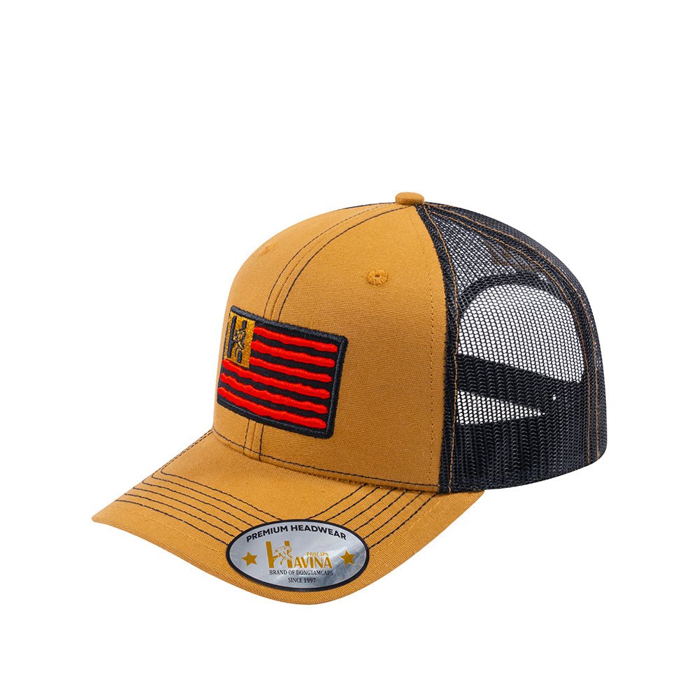 Unisex Embroidered The Us Flag, 6-Panel Trucker Hat, Light Brown/Black, Classic, Adjustable Fit