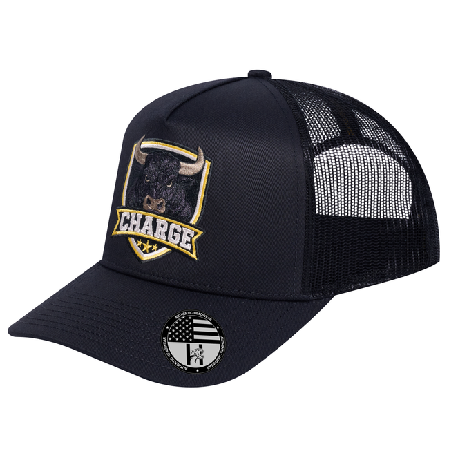 The Charge 5-Panel Trucker Hat - Black front and Black mesh back - angled view
