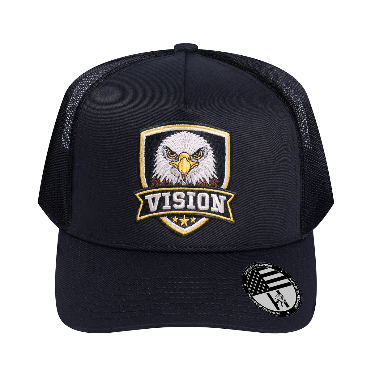 The Vision 5-Panel Trucker Hat - Black front and Black mesh back - front view