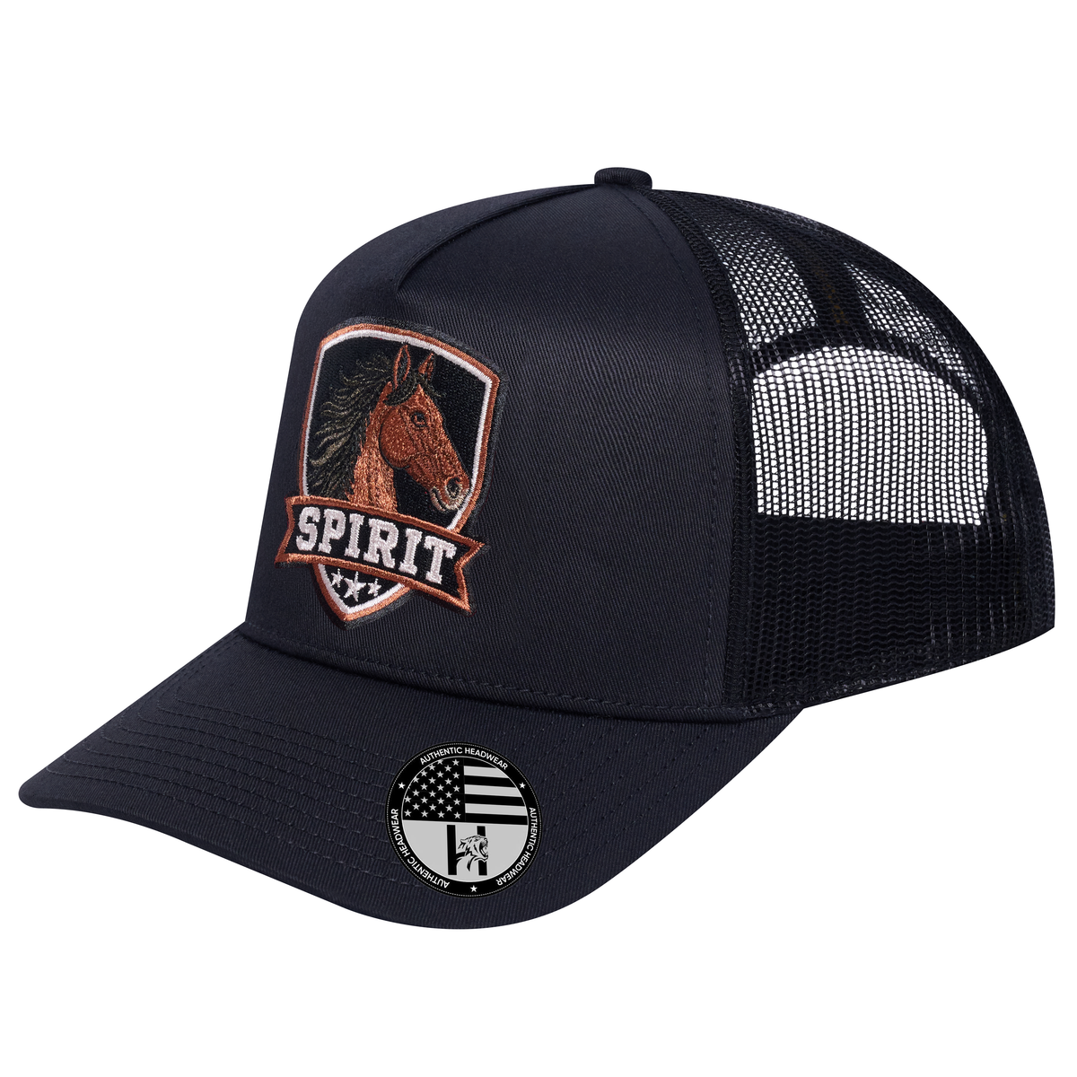 The Spirit 5-Panel Trucker Hat - Black front and Black mesh back - angled view