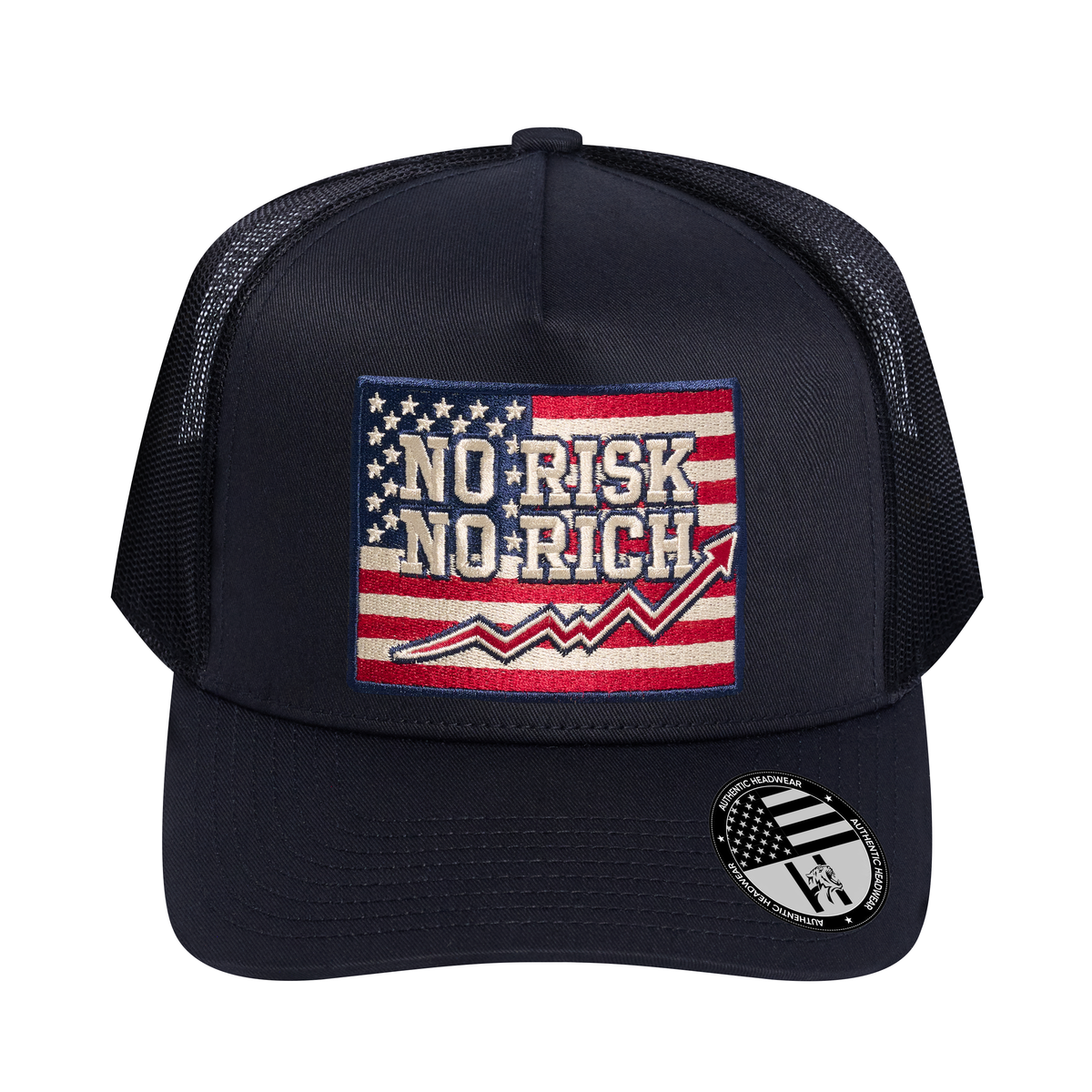 No Risk No Rich US Flag 5-Panel Trucker Hat - Black front and Black mesh back - front view