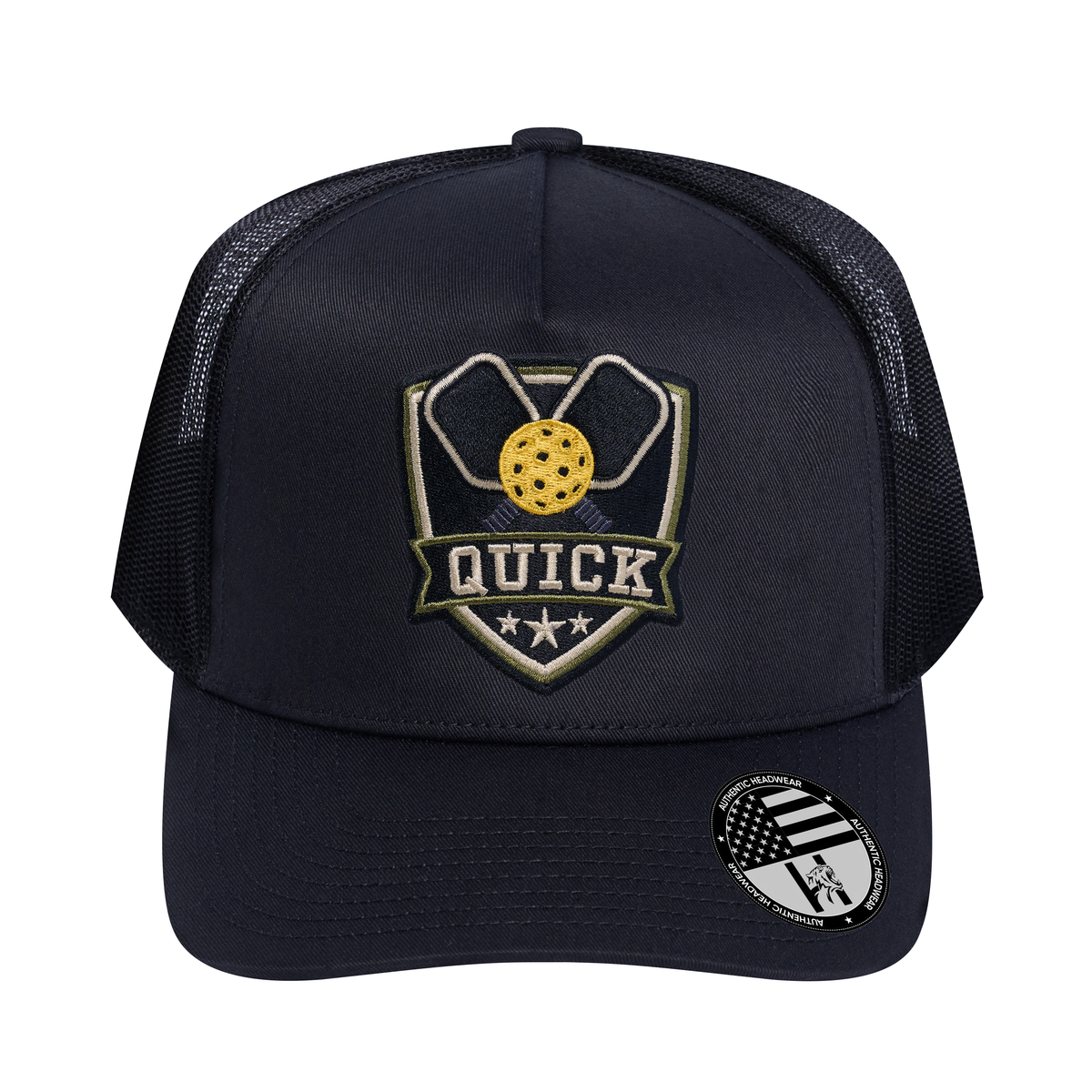 The Quick Pickleball 5-Panel Trucker Hat - Black front and Black mesh back - front view