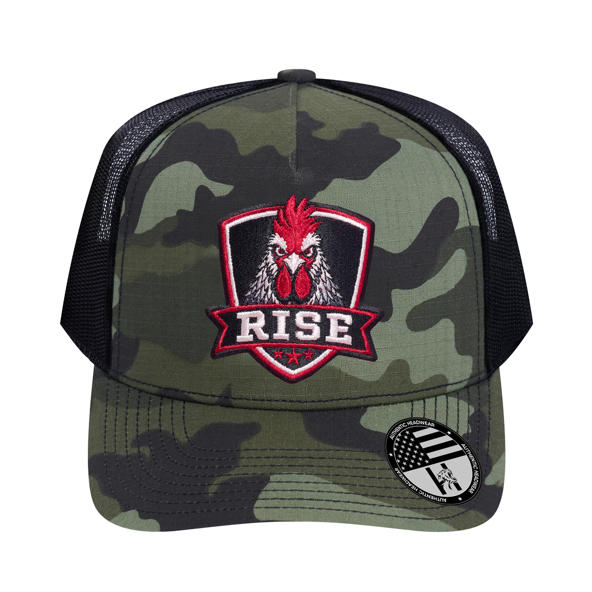 The Rise Rooster 5-Panel Trucker Hat - Green Camo front and Black mesh back - front view