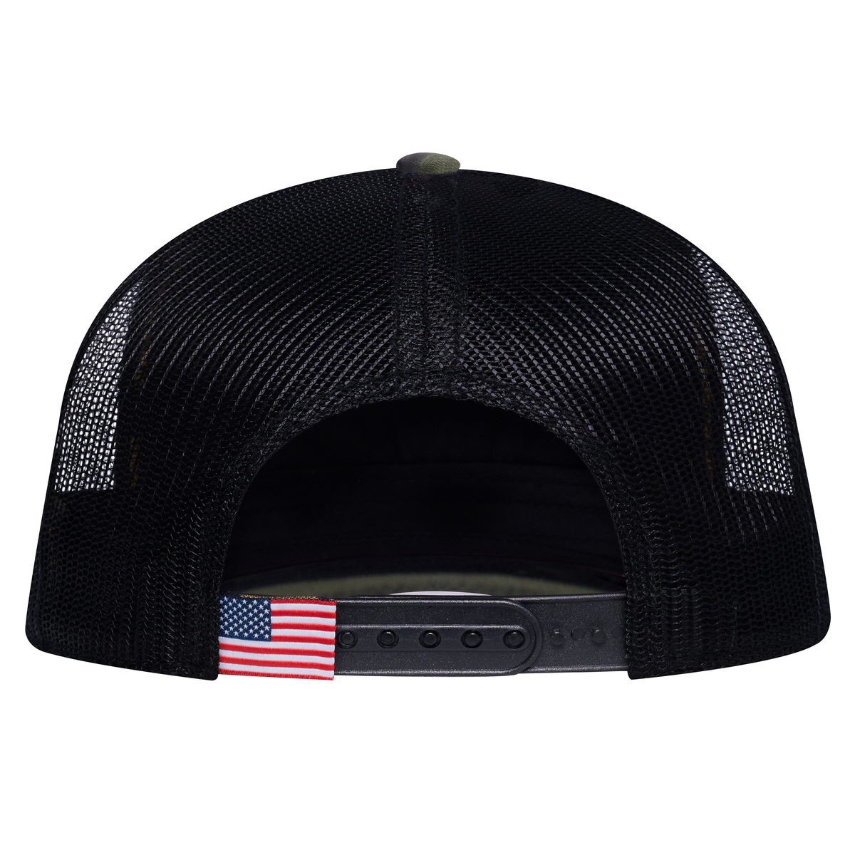 The Rise Rooster 5-Panel Trucker Hat - Green Camo front and Black mesh back - back view