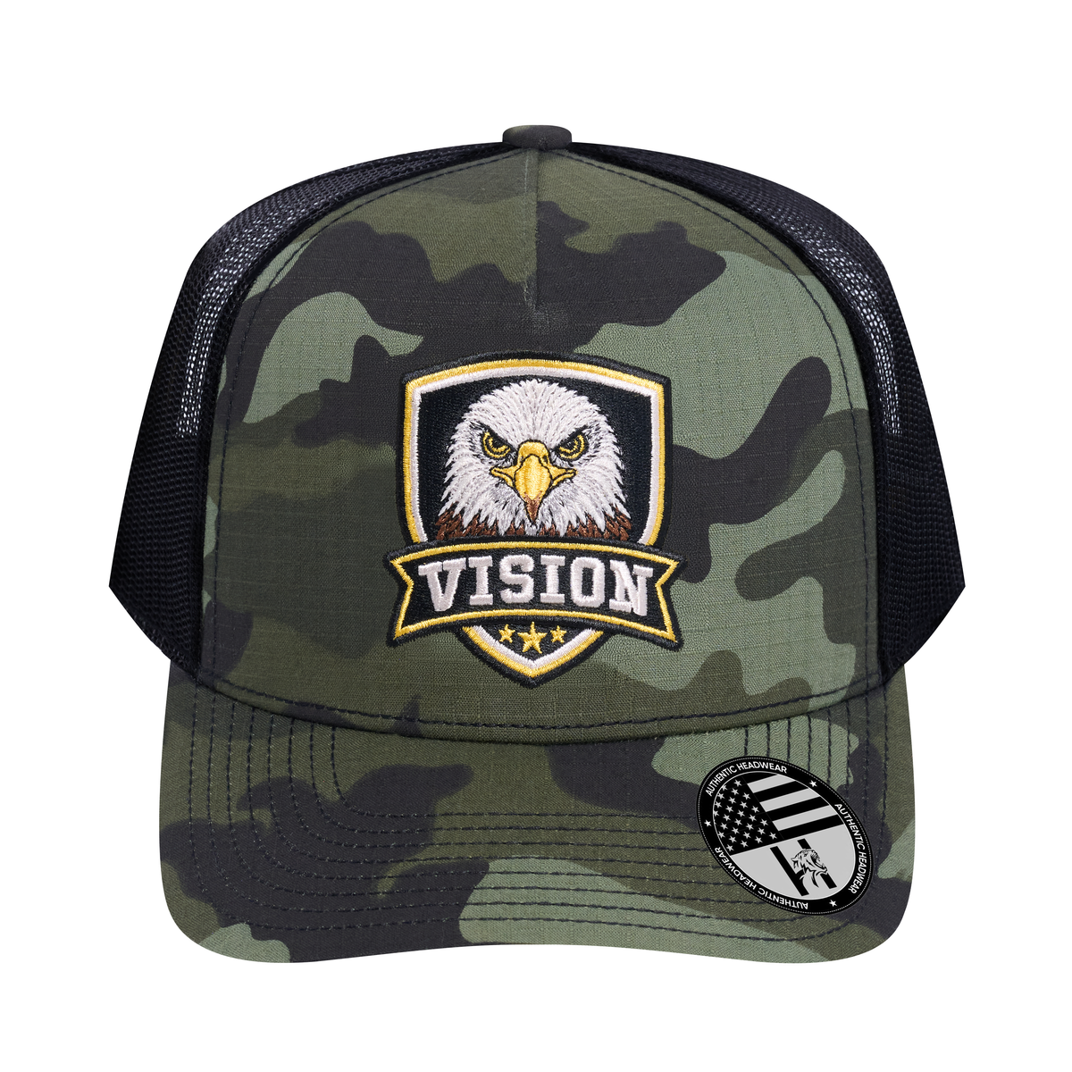 The Vision 5-Panel Trucker Hat - Green Camo front and Black mesh back - front view