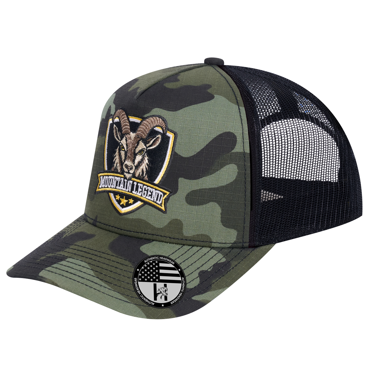 The Mountain Legend Goat 5-Panel Trucker Hat - Green Camo front and Black mesh back - angled view