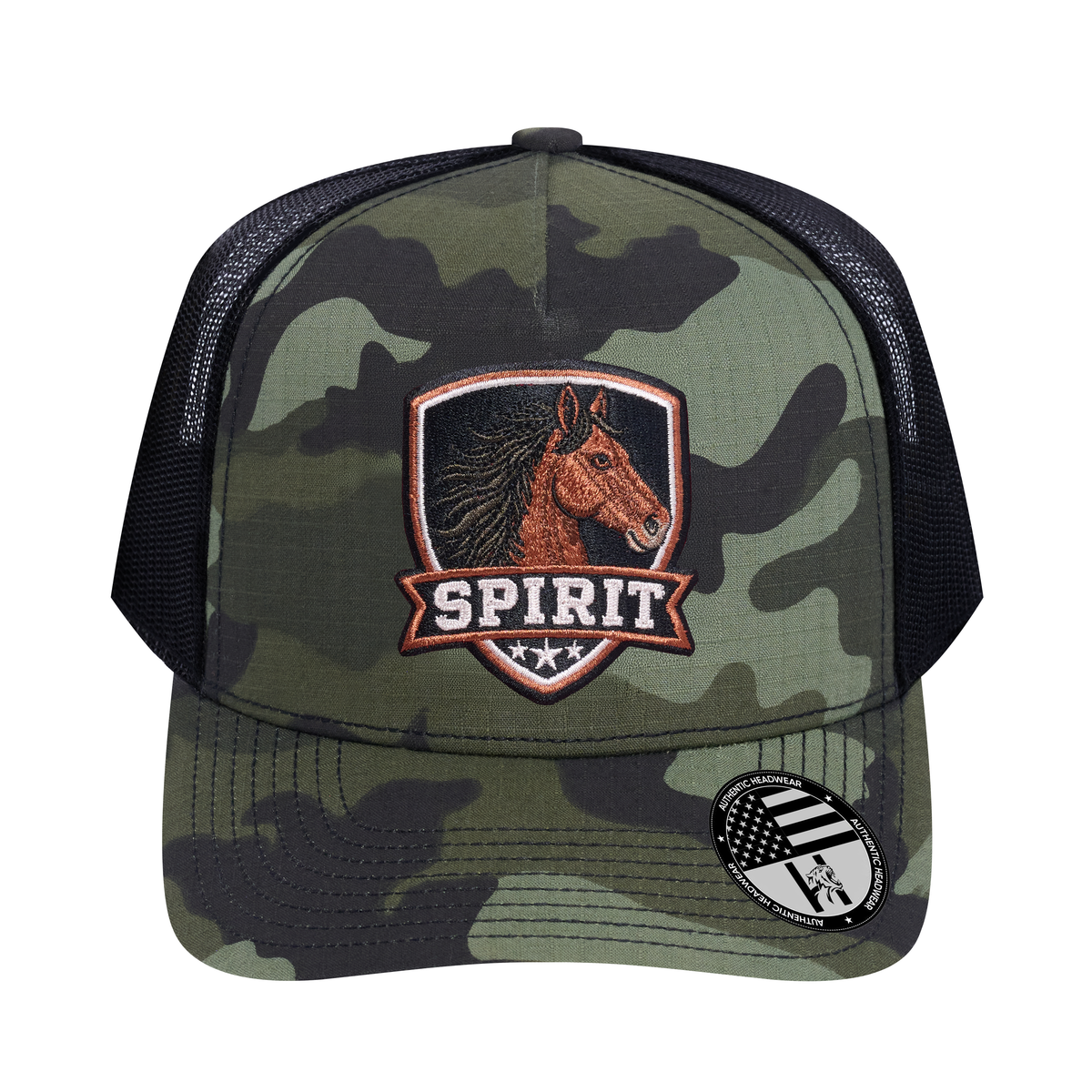 The Spirit 5-Panel Trucker Hat - Green Camo front and Black mesh back - front view