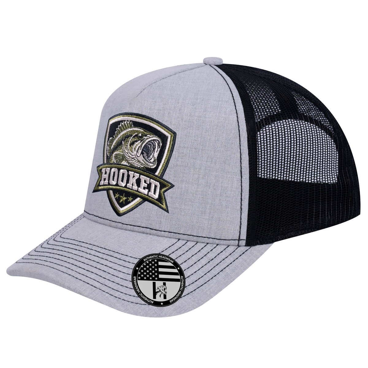 The Hooked Fishing 5-Panel Trucker Hat - Light Grey Heather front and Black mesh back - angled view