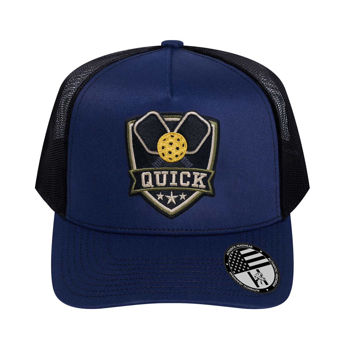 The Quick Pickleball 5-Panel Trucker Hat - Navy front and Black mesh back - front view