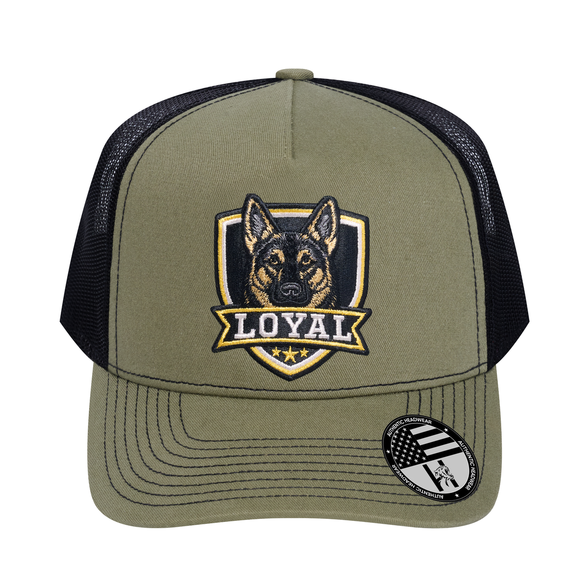 The Loyal 5-Panel Trucker Hat - Olive front and Black mesh back - front view