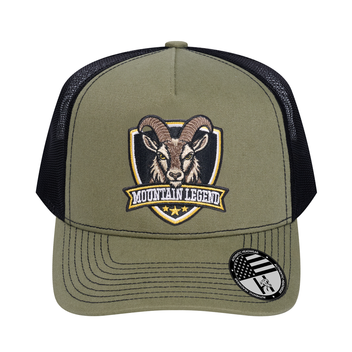 The Mountain Legend Goat 5-Panel Trucker Hat - Olive front and Black mesh back - front view