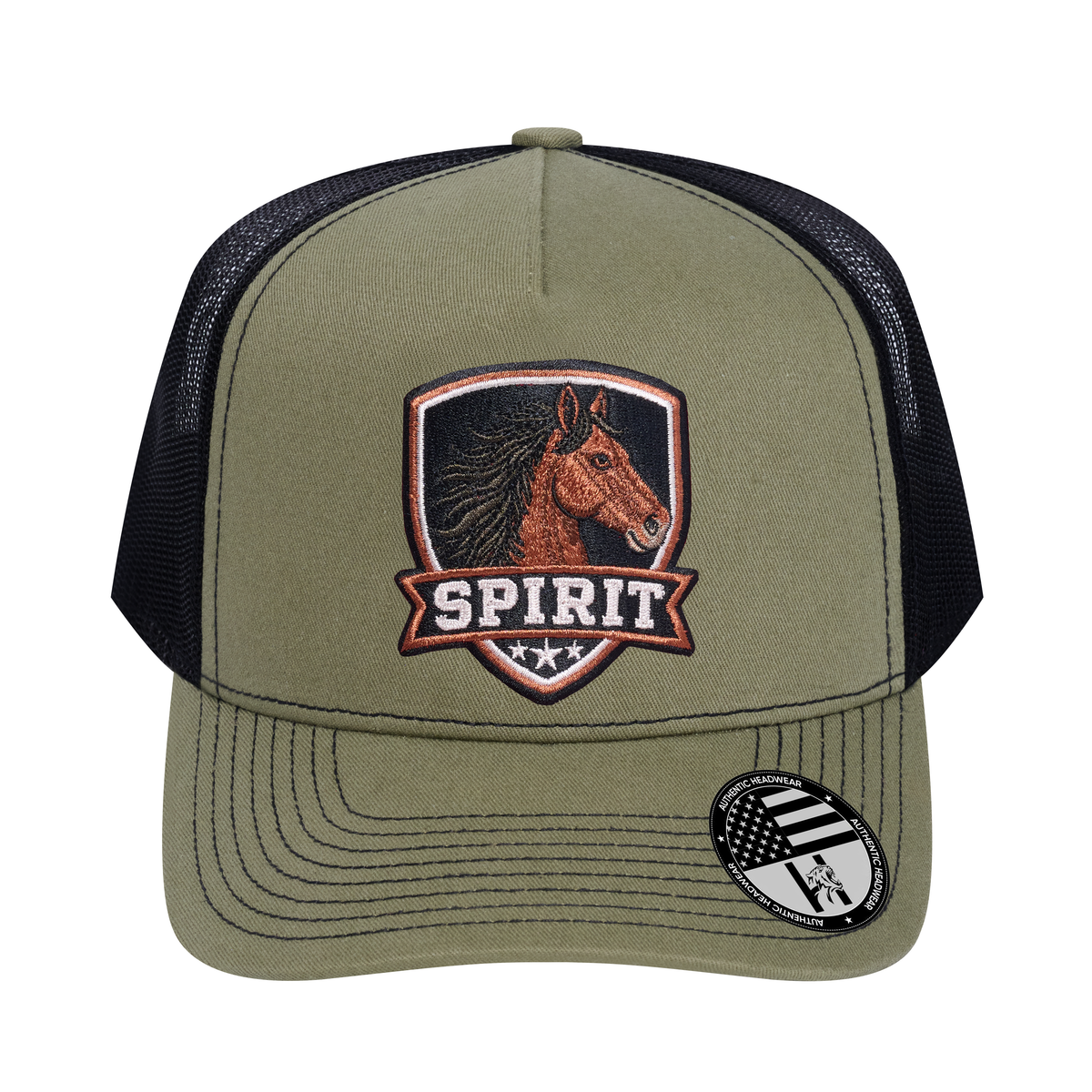 The Spirit 5-Panel Trucker Hat - Olive front and Black mesh back - front view