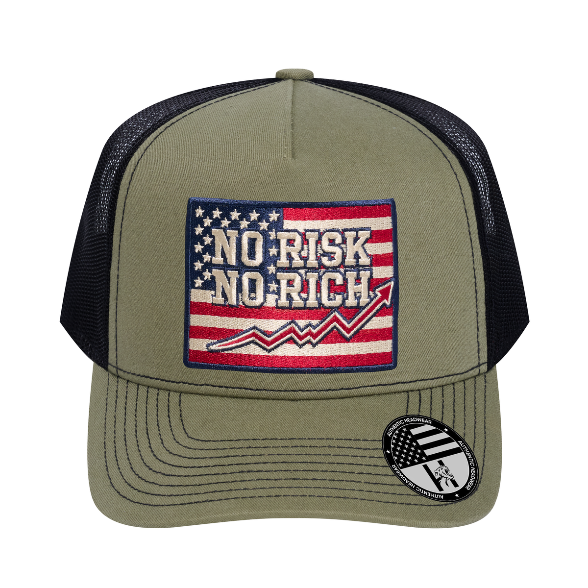 No Risk No Rich US Flag 5-Panel Trucker Hat - Olive front and Black mesh back - front view