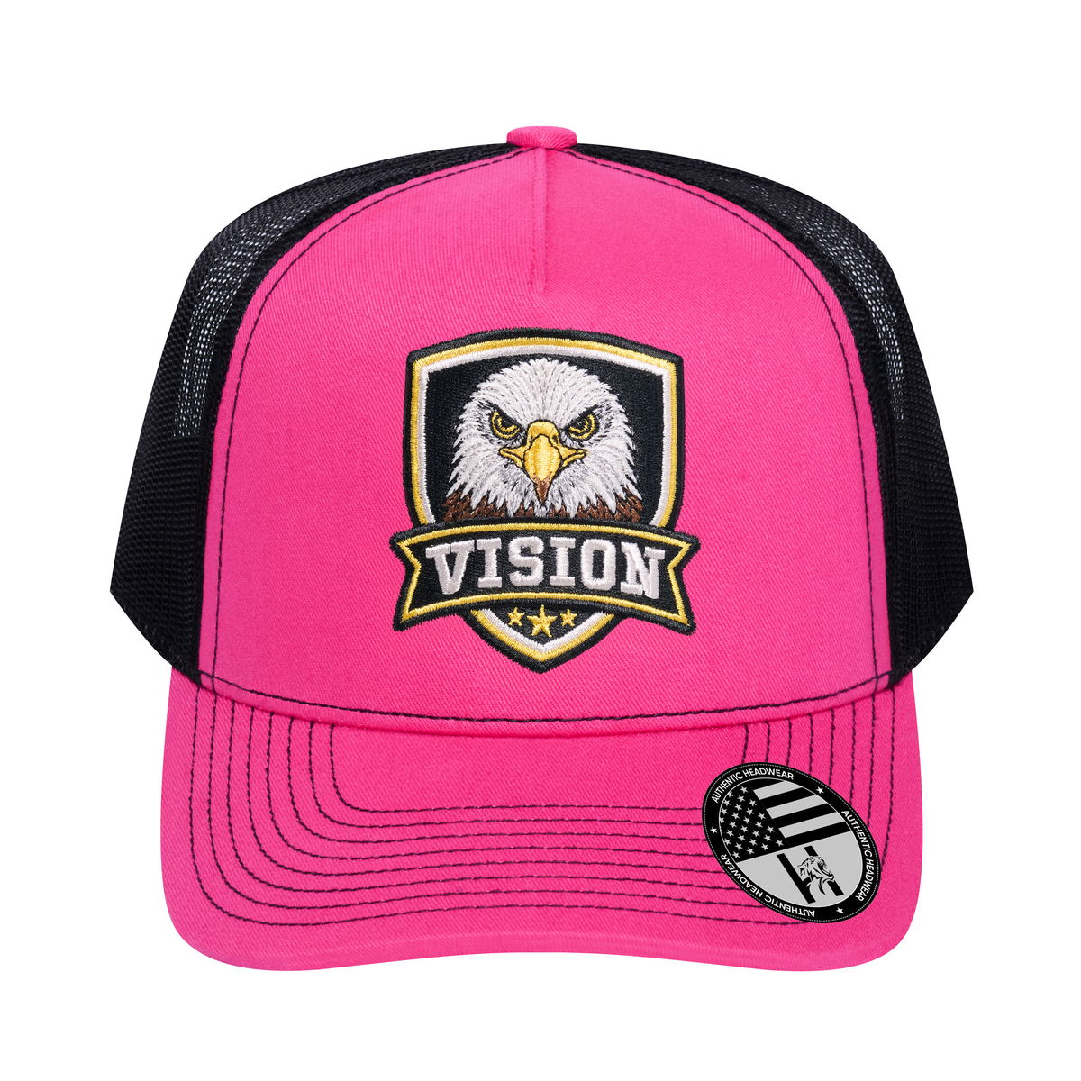 The Vision 5-Panel Trucker Hat - Pink front and Black mesh back - front view