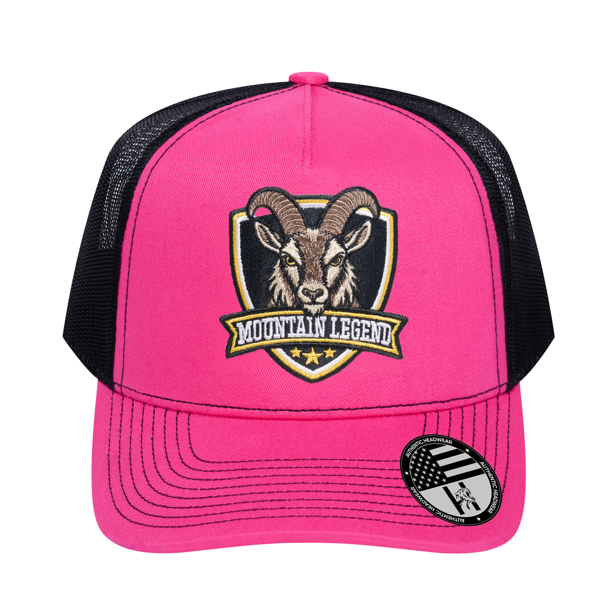 The Mountain Legend Goat 5-Panel Trucker Hat - Pink front and Black mesh back - front view