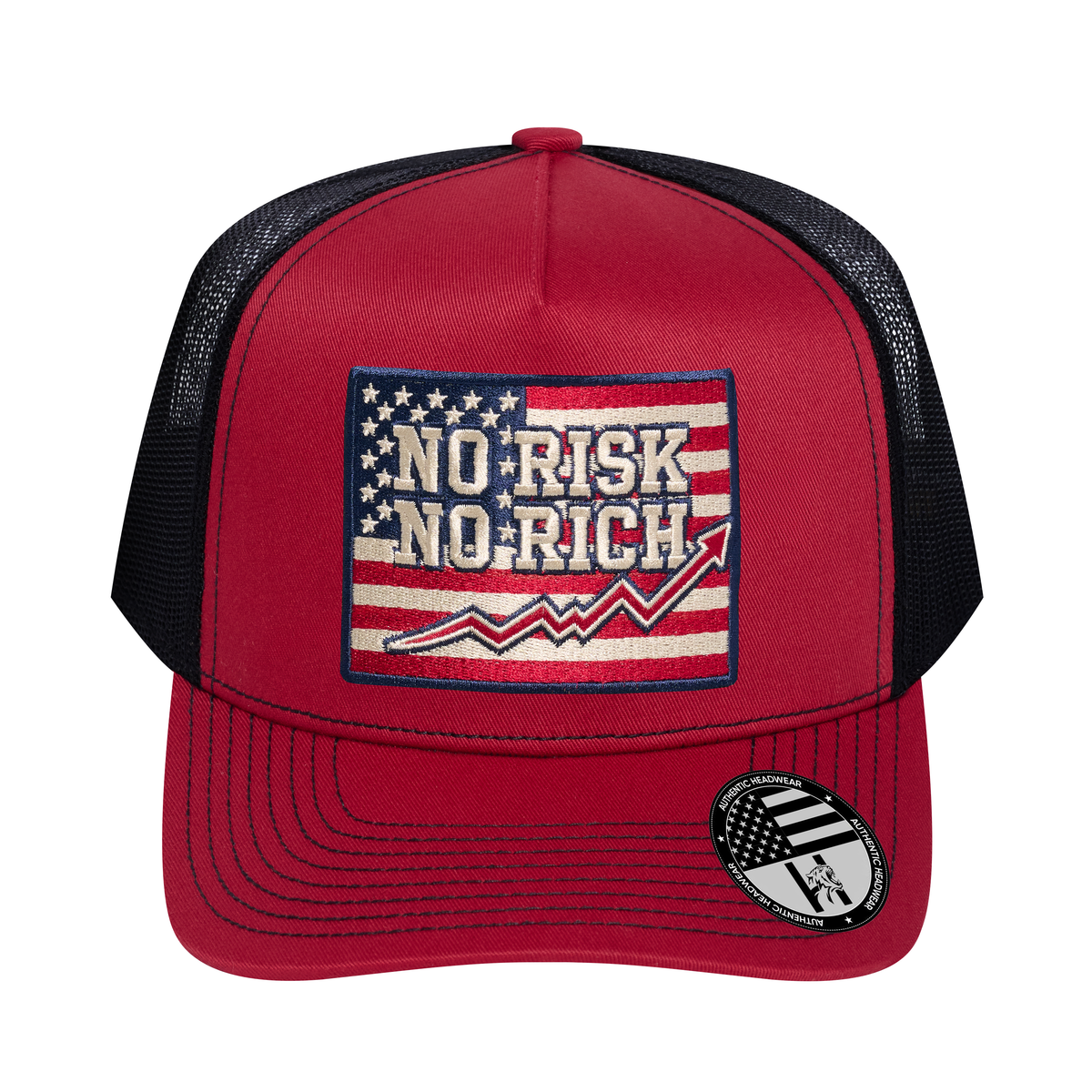 No Risk No Rich US Flag 5-Panel Trucker Hat - Burgundy front and Black mesh back - front view
