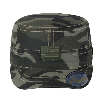 Rubber the US Flag Military Hat with Green Camo front and Green Camo back