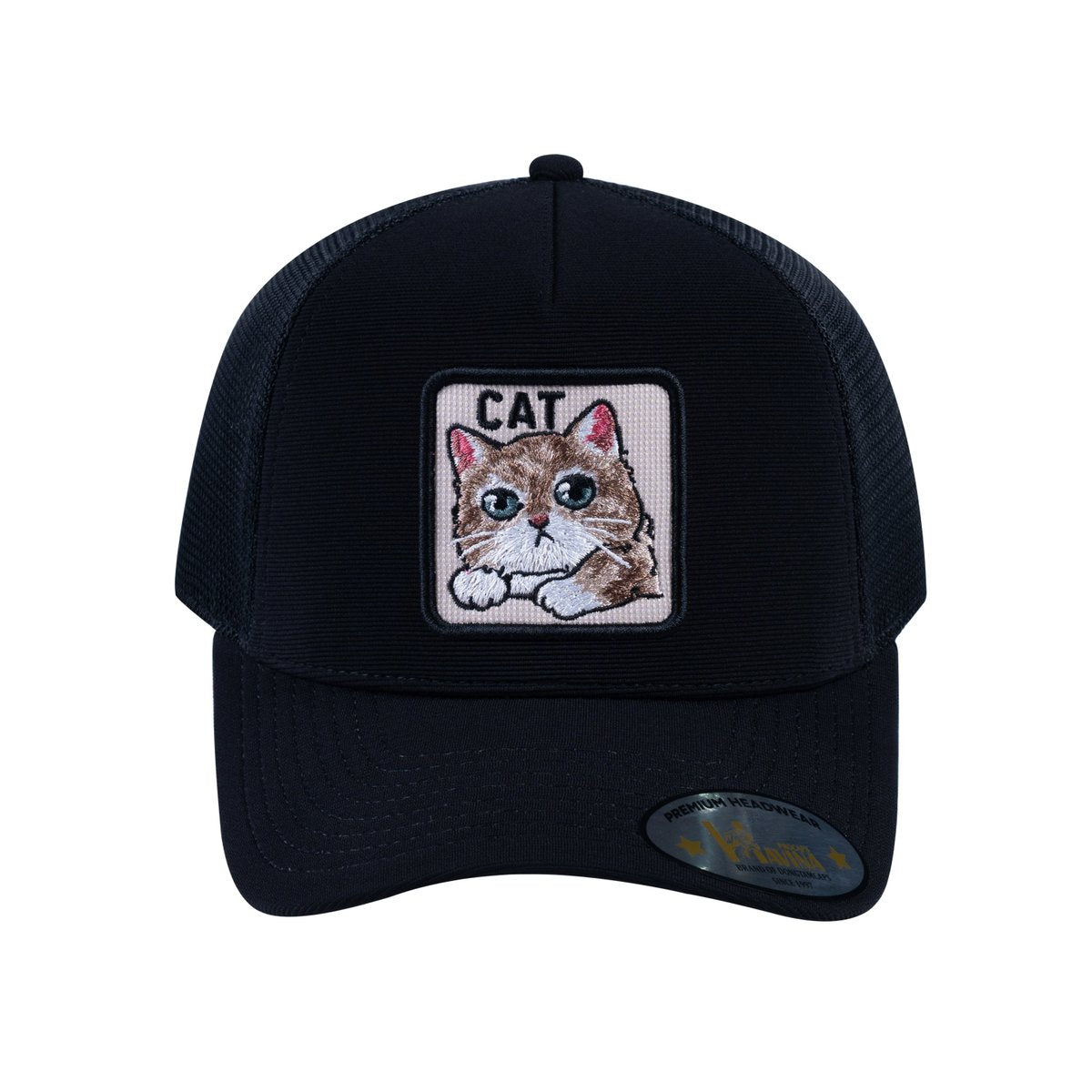 Unisex V2 Embroidered The Cat, 5-Panel Trucker Hat, Black/Black, Adjustable Fit